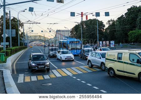Moscow, Russia - August, 28, 2018: traffic on berezhkovskaya embankment in Moscow