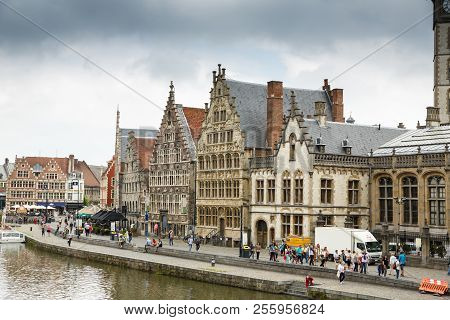 Ghent, Belgium - August 14, 2015 - Old Colorful Traditional Houses At The Graslei Along The Canal.