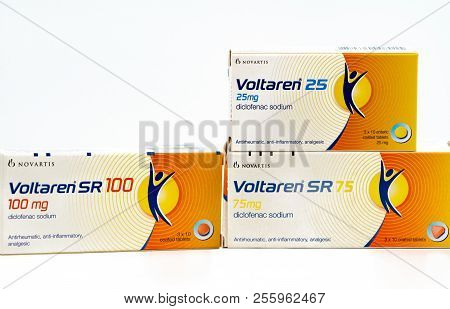 Chonburi, Thailand-august 3, 2018 : Voltaren 25 Mg, 75 Mg, 100 Mg. Diclofenac Sodium Product Of Nova