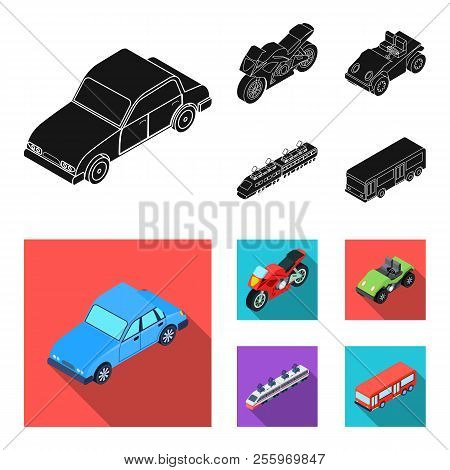 Motorcycle, Golf Cart, Train, Bus. Transport Set Collection Icons In Black, Flat Style Vector Symbol