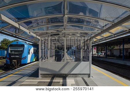 Kolobrzeg, West Pomeranian / Poland - 2018: Regional Train Waiting For Passengers At The Platform At