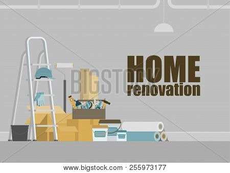Grey Room With Stepladder, Toolbox, Construction Materials, Hanging Pipe And Lamp, For Home Renovati