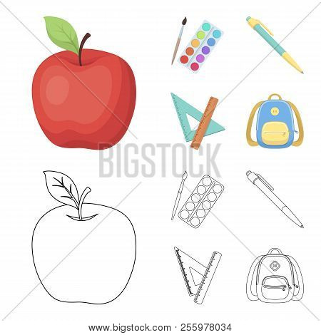 Multicolored Paints With A Tassel, Pen, Triangle And Ruler, Satchel, Briefcase. School And Education