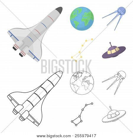 Planet Earth With Continents And Oceans, Flying Satellite, Ursa Major, Ufo. Space Set Collection Ico