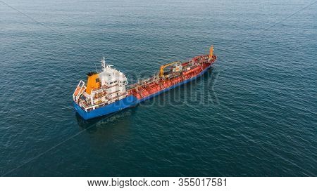 Aerial View Of An Oil And Chemical Tanker Waiting At Sea