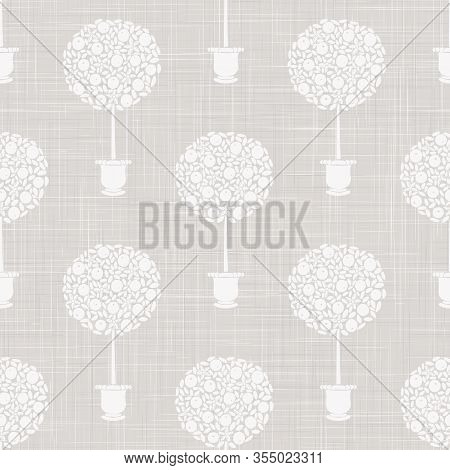 Gray French Linen Texture Background Printed With White Topiary Tree. Natural Ecru Summer Country St