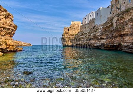 View At Ancient Medieval City From Lido Cala Paura Beach At Polignano A Mare Apulia - Italy