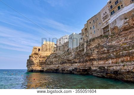 View At Ancient Medieval City From Lido Cala Paura Beach At Polignano A Mare Apulia - Italy