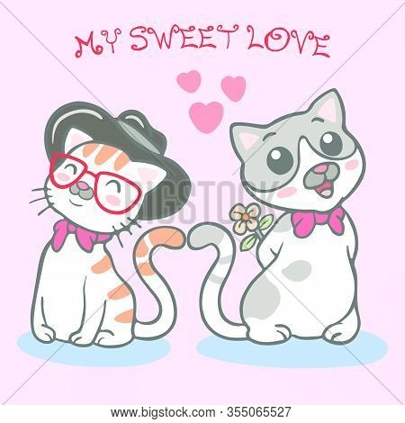 Vector Illustration Of Enamored Couple Of Kitten And Flowers