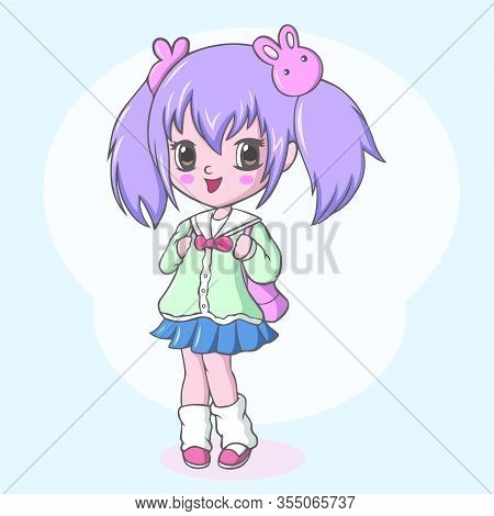 Vector Illustration Of Cute Elementary School Girl With Bag