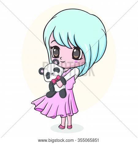Vector Illustration Of Cute Little Girl Holding Panda Doll