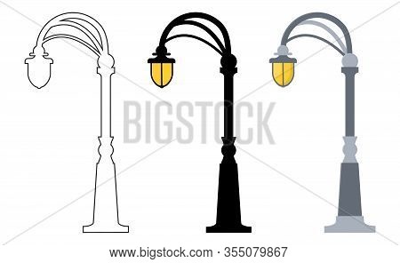 Outline, Black Silhouette, Cartoon Streen Lights Set Isolated On White Background. Vintage Street Li