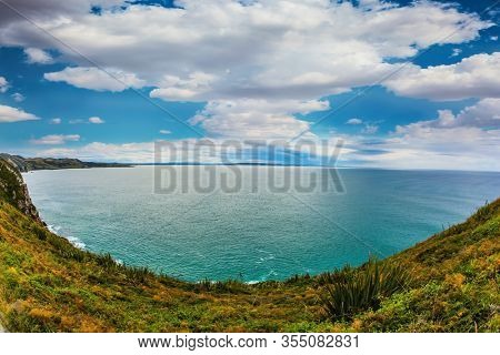 The steep slopes of the grass coast. New Zealand. The Pacific Ocean near Nugget Points. The concept of active, environmental and photo tourism