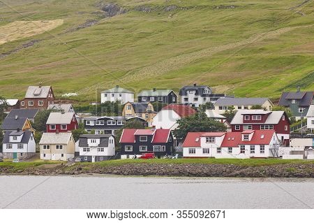 Picturesque Colorful Coastline Village Of Sandavagur. Faroe Islands Landscape