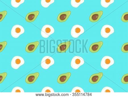 Vector Seamless Pattern On Teal Background With Avocado And Fried Egg As A Template For Packaging, T