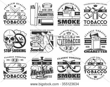 Cigarette, Tobacco Leaf And Smoke Cigar Vector Icons. Cigarette Packs, Ashtray And Smoking Pipe, Hoo