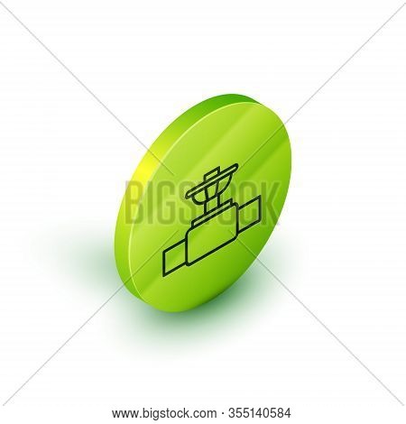 Isometric Line Industry Metallic Pipe And Valve Icon Isolated On White Background. Green Circle Butt