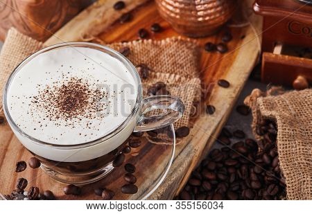 Cappuccino Is An Espresso-based Coffee Drink And Steamed Milk Foam Made From Coffee In A Transparent