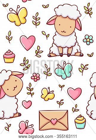 Seamless Child Pattern, Cute Sheep Loveday, Hand Drawn On White Background