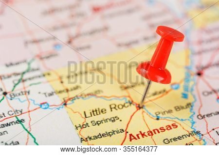 Red Clerical Needle On A Map Of Usa, Arkansas And The Capital Little Rock. Close Up Map Of Arkansas 