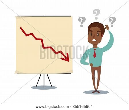 Shocked Man In A Suit Watch On The Board With A Declining Arrow. Falling Indicator Of Economic Prosp