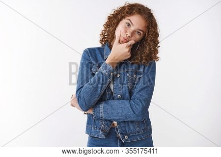 Silly Cute Stylish Ginger Girl With Freckles Pimples Tilting Head Playfully Squeeze Cheeks Folding L