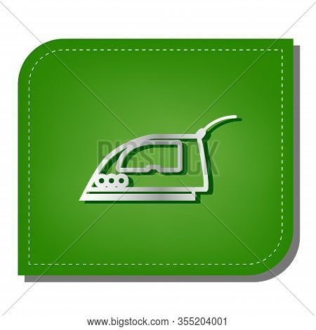 Smoothing Iron Sign. Silver Gradient Line Icon With Dark Green Shadow At Ecological Patched Green Le