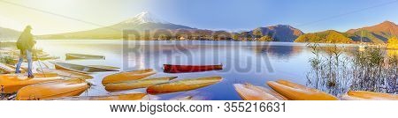 Asian Japan Travel Destinations. Panoramic Image Of Renowned Marvelous Fuji Mountain At Kawaguchiko 