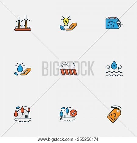 Environment Icons Colored Line Set With Rechargeable Box, Save The Water, Eia Approved And Other Sun