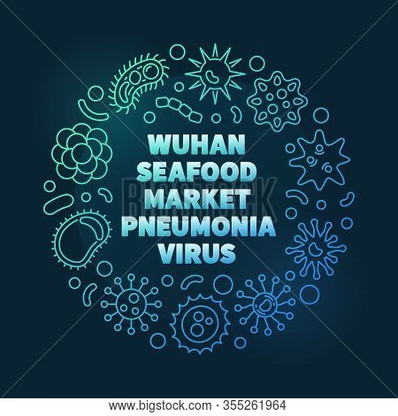 Vector Wuhan Seafood Market Pneumonia Virus Colorful Concept Linear Round Illustration On Dark Backg