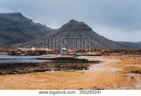 Baia Das Gatas. North Of Calhau, Sao Vicente Island Cape Verde. Mysterious Landscape Of Sandy Coastl
