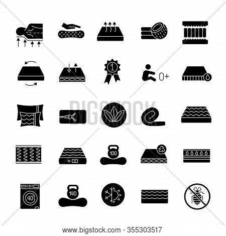 Mattress Glyph Icons Set. Latex, Innerspring And Memory Foam Mattresses. Breathable, Ecological, Ana