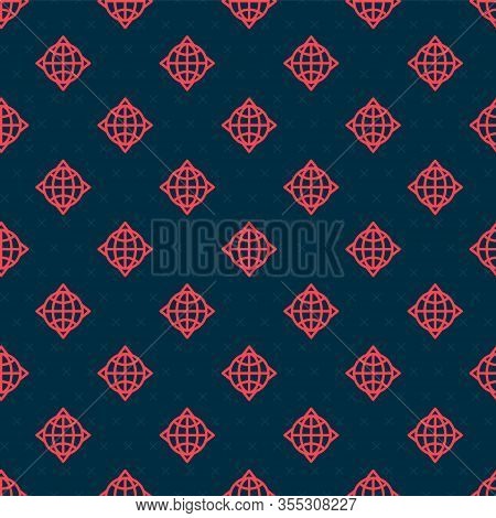 Red Line World Globe With Compass Icon Isolated Seamless Pattern On Black Background. Vector Illustr