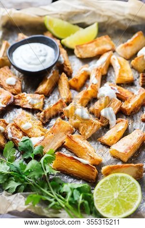 Fried Yucca, Yuca, Cassava, Manioca, Mandioca With Cilantro Sauce