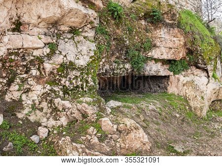 Jerusalem, Israel, February 29, 2020 : Ritual Cave For Burial In The Gey Ben Hinnom Park - Called In