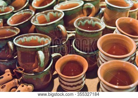 Pottery Jugs At The Fair. Handicrafts Of Folk Potters.