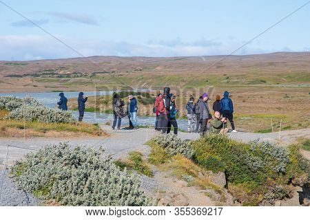 Gullfoss Iceland - August 10. 2019: Tourists Walking The Paths Of Gullfoss Waterfall