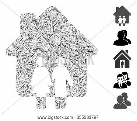 Dash Mosaic Based On Family House Icon. Mosaic Vector Family House Is Designed With Random Dash Dots
