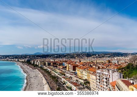 Panoramic Wide Angle Shot Of The Quai Des États-unis, People Relaxing On The Beach Of The Mediterran