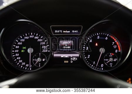 Novosibirsk, Russia - March 07, 2020:  Mercedes-benz Gl-class, Close Up Instrument Automobile Panel 