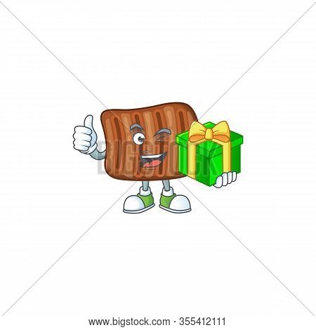 Cheerful Roasted Beef Cartoon Character Holding A Gift Box