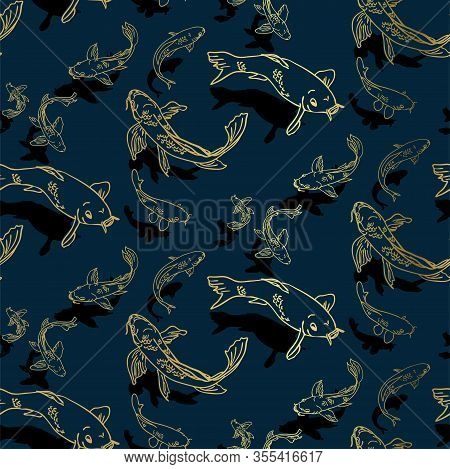 Koi Fish Vector Japanese Chinese Seamless Pattern Design Gold Black
