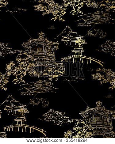 Temple Building View Blidge Fish Garden Vector Japanese Chinese Seamless Pattern Design Gold Black