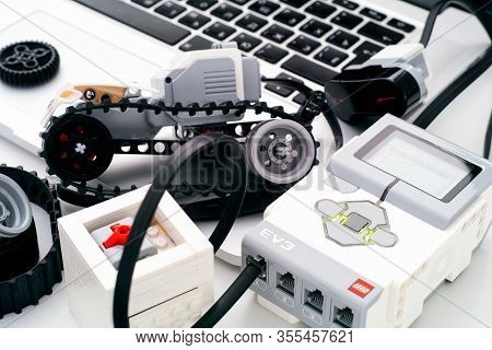 Tambov, Russian Federation - December 25, 2019 Lego Mindstorms Ev3 Robot Blocks And Laptop.