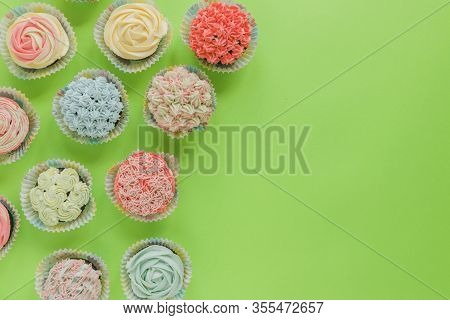 Happy Birthday Day Cupcake And Cake Bakery. Background Holiday With Confetti, Balloon And Place For 