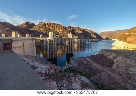 Hoover Dam And Lake Mead Panorama. Scenic Wide Angle View Of Hoover Dam And Lake Mead On The Arizona