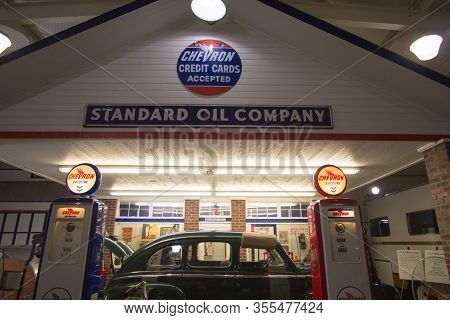 Amarillo, Texas, Usa - February 24, 2020: Exterior Of A Historic Recreated Chevron Gas Station In Am