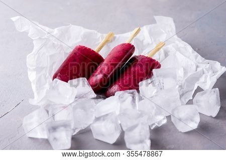 Homemade Berries Ice Pops Tasty And Healthy Ice Cream Gray Background Ice Cube Horizontal Popsicle
