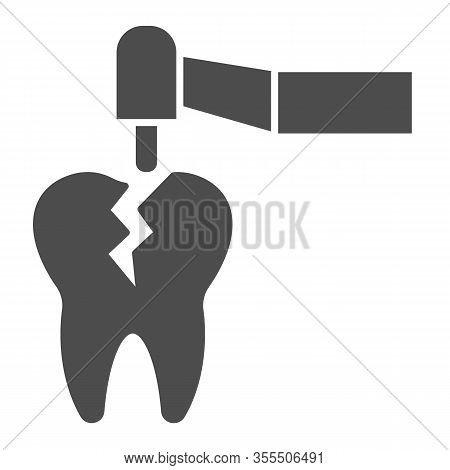 Dental Drill Device And Craked Tooth Solid Icon. Caries Treatment Tool Symbol, Glyph Style Pictogram