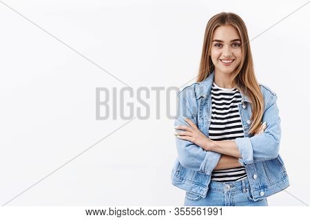 Professionalism Is My Credo. Motivated Happy And Self-assured Young Woman With Blond Hair, Cross Arm